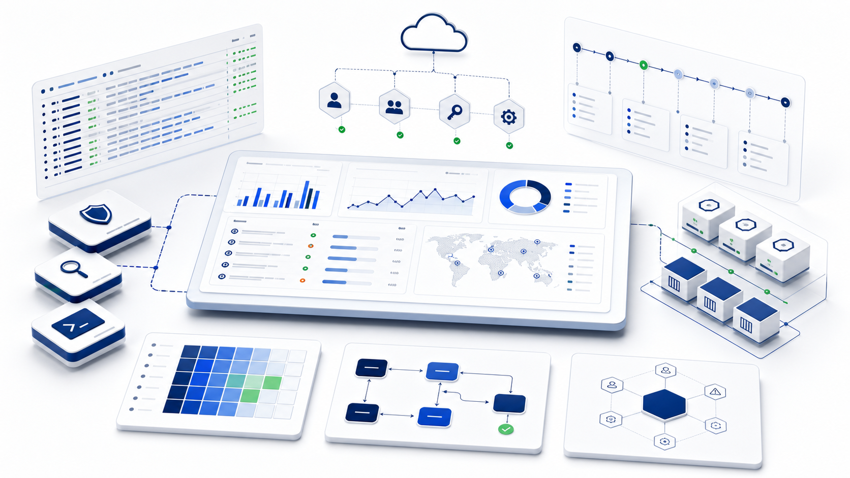 Abstract defensive security lab visual with cloud, log, timeline, and analysis panels